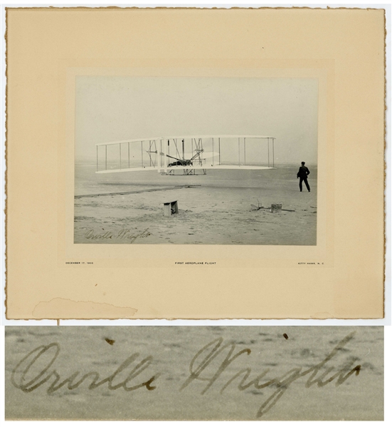 Orville Wright Signed ''First Flight'' Photo -- Large Uninscribed Photo Measures 7'' x 4.875'' on Custom Period Mat Measuring 11'' x 9''
